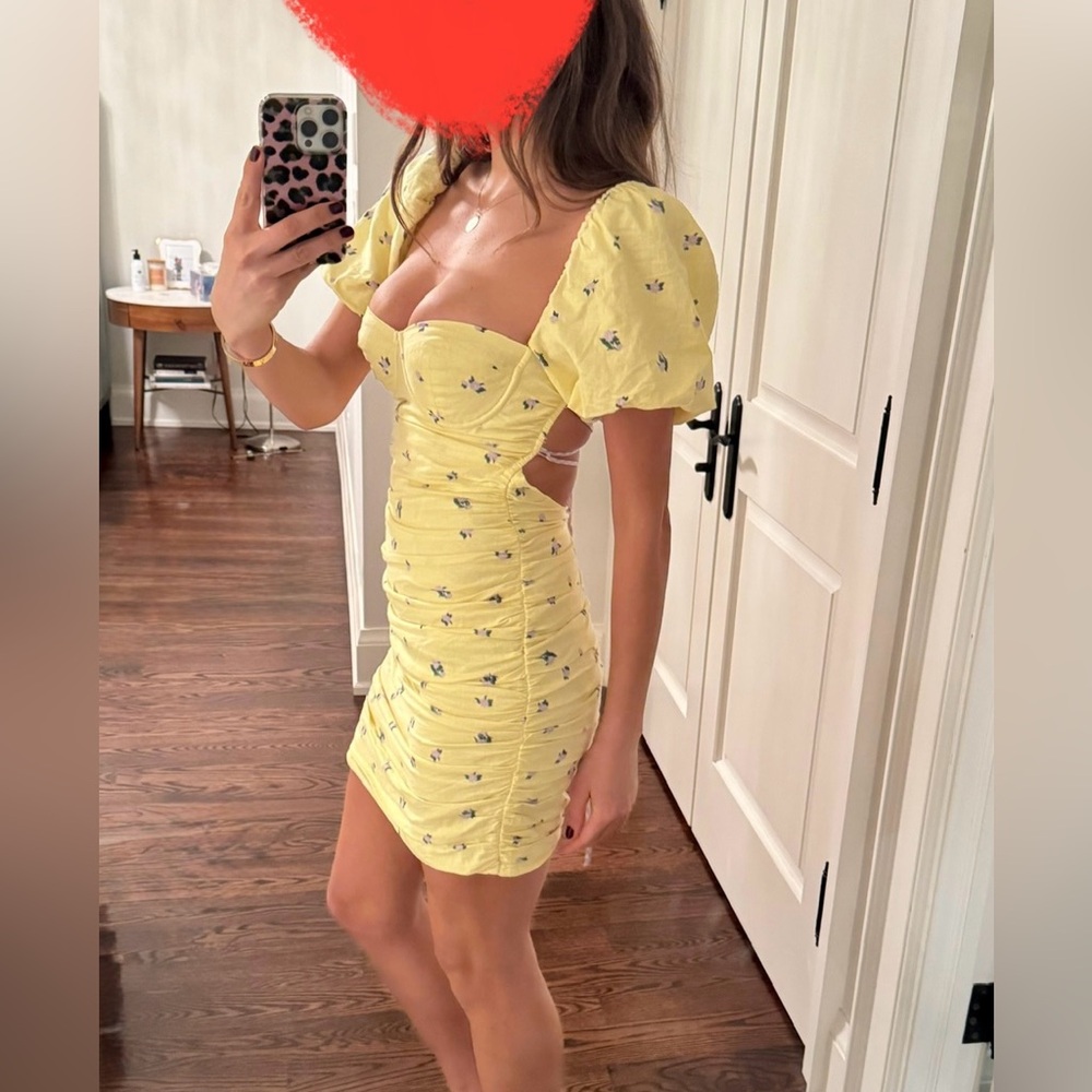 White Fox Boutique Yellow Puff Sleeve Mini Dress